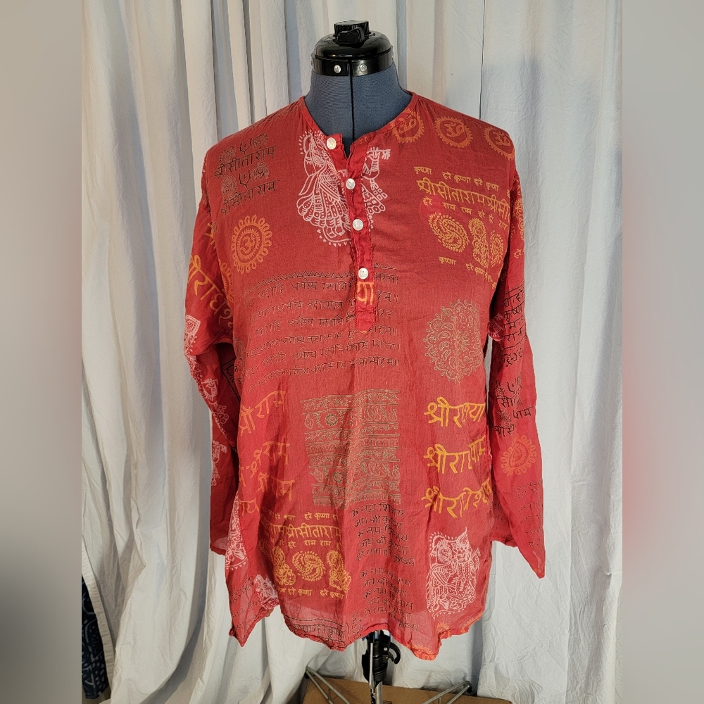 100% Cotton Red & Orange OM Mantra Kurta Shirt Hindi